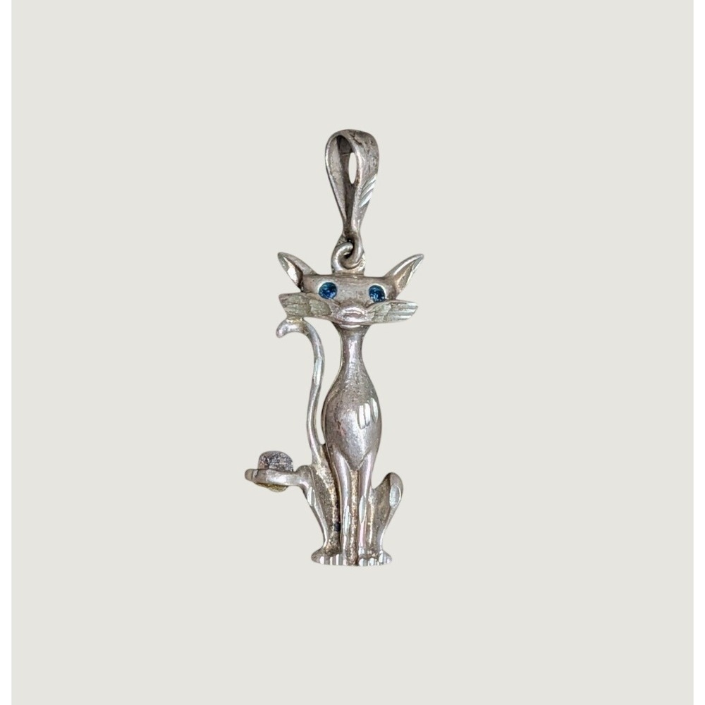 VTG Sterling Silver Atomic Cat Pendant Charm MCM Rhinestone Eyes Alley Kitten